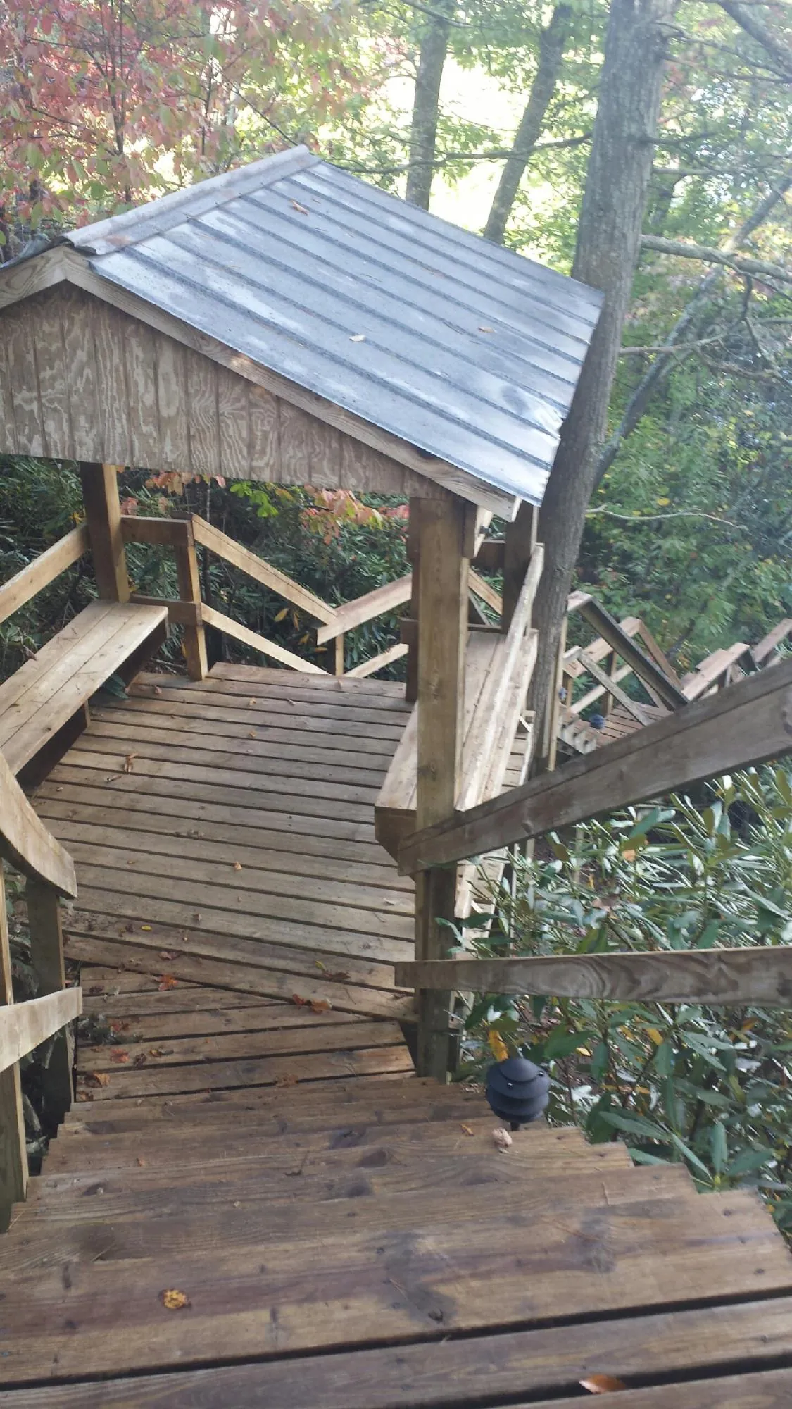 Metal roofed shelter over wooden steps on a wooded walkway — Skylight Repair & Installation work by our crew in Aledo